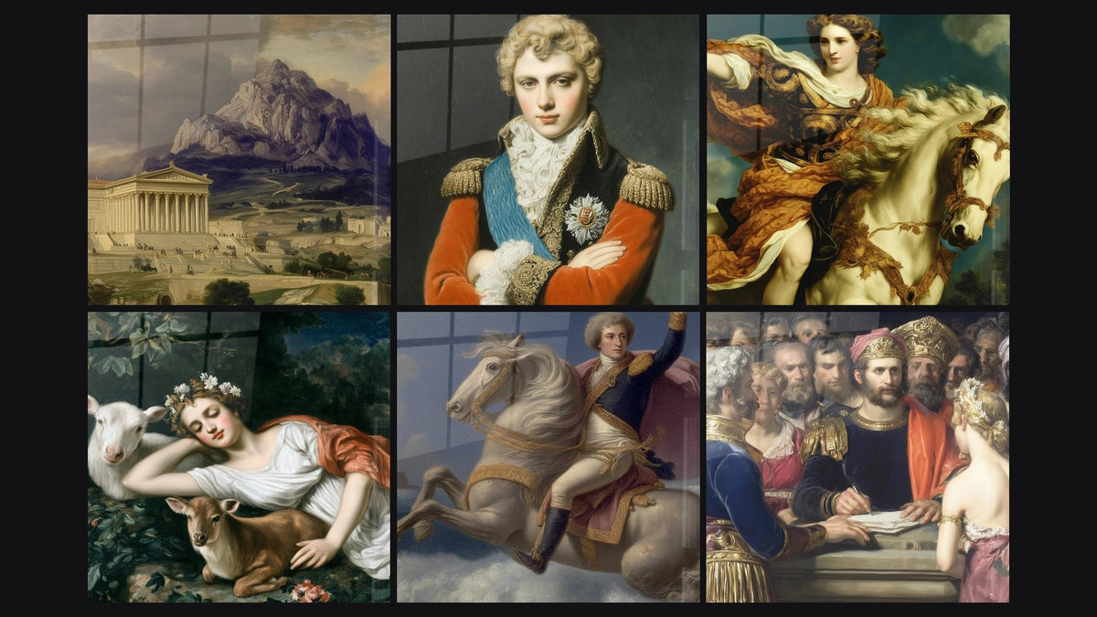Mosaïque de six tableaux, dont Temple Splendeur Antique, Portrait Militaire Prestance Majestueuse et Guerrière Vertu Héroïque