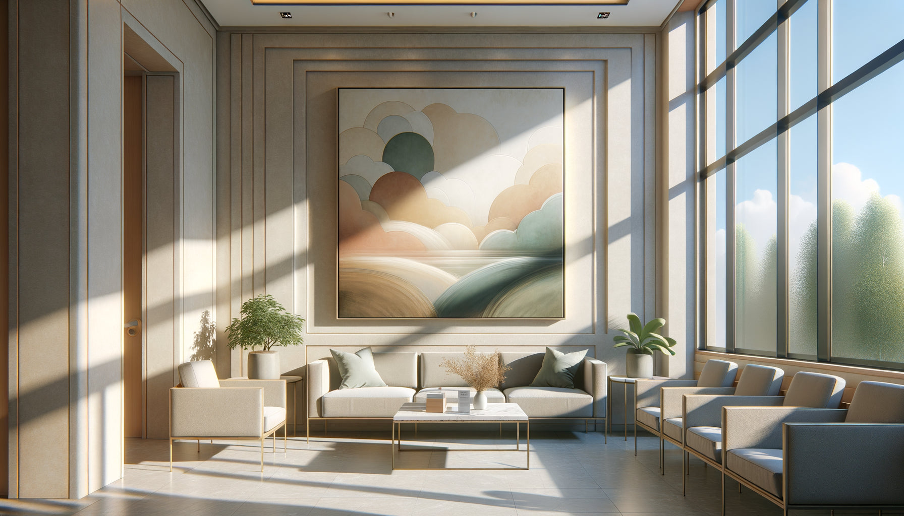 Tableau abstrait aux tons neutres et apaisants dans une salle d'attente médicale moderne et accueillante