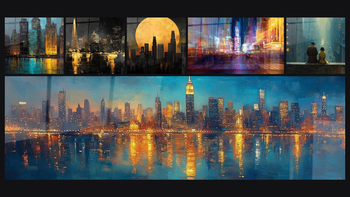 Mosaïque de six tableaux, dont Manhattan Nocturne, New York Rêve électrique et Métropole Éclats dorés