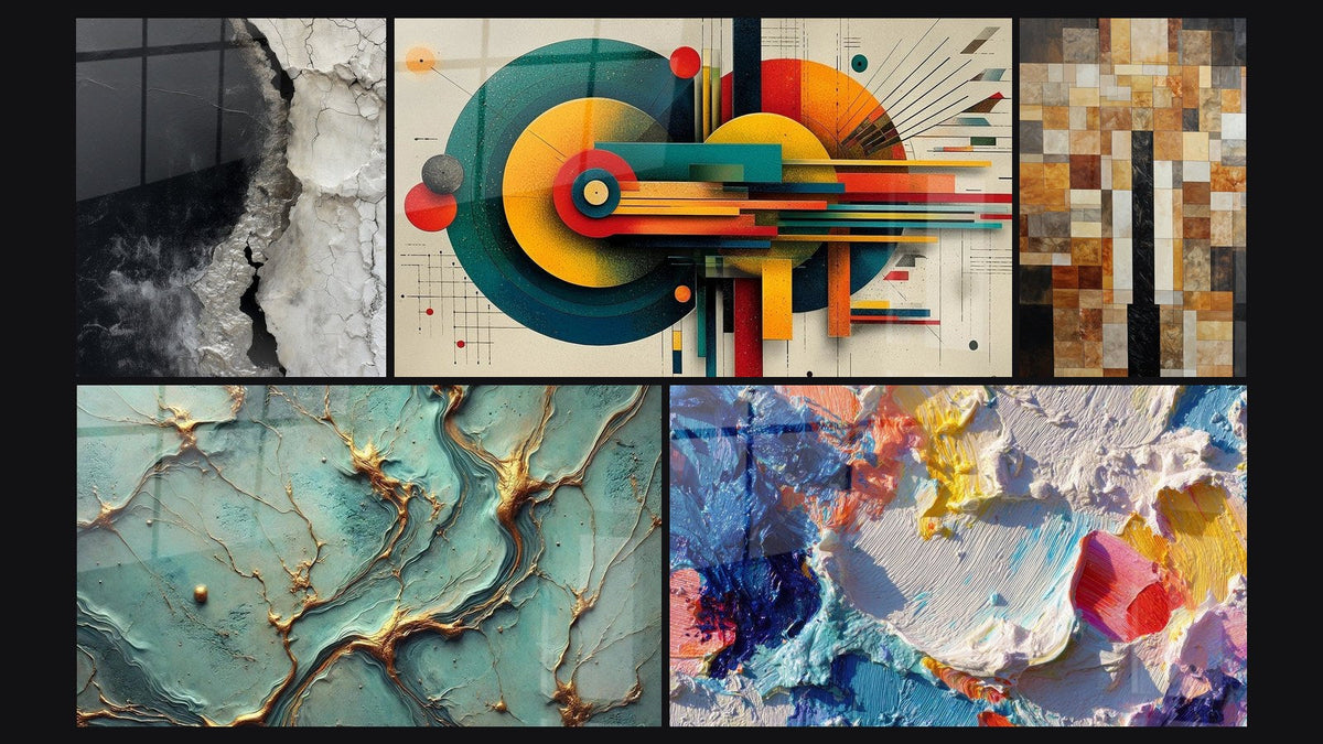 Mosaico de cinco cuadros, entre ellos Ríos de Oro y Geométrico Energía Céntrica