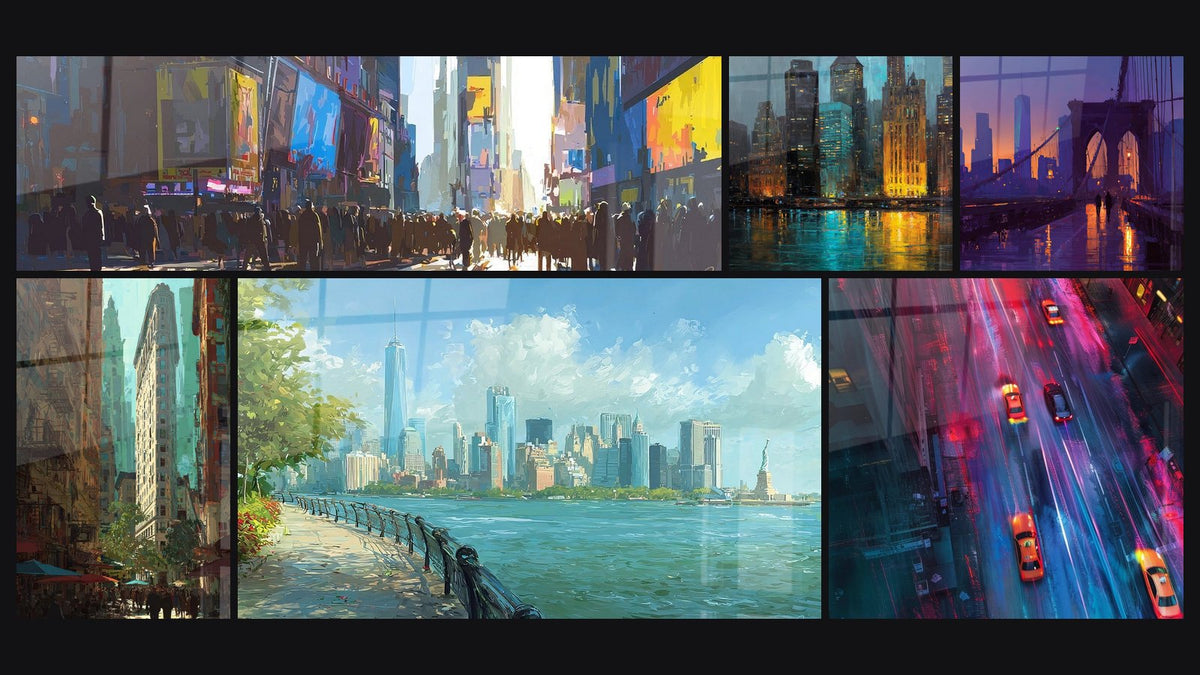 Mosaico de seis cuadros, entre ellos Flatiron Building Nueva York y Manhattan Nocturno