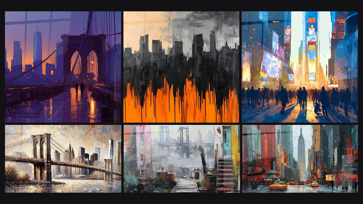 Mosaico de seis cuadros, entre ellos Puente de Brooklyn al Atardecer y Puente de Brooklyn N°1