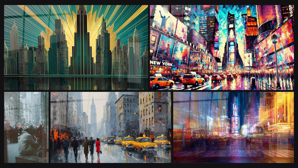 Mosaik aus fünf Gemälden, darunter New York Skyline, Urbane Straßenszene und New York Straße im Regen