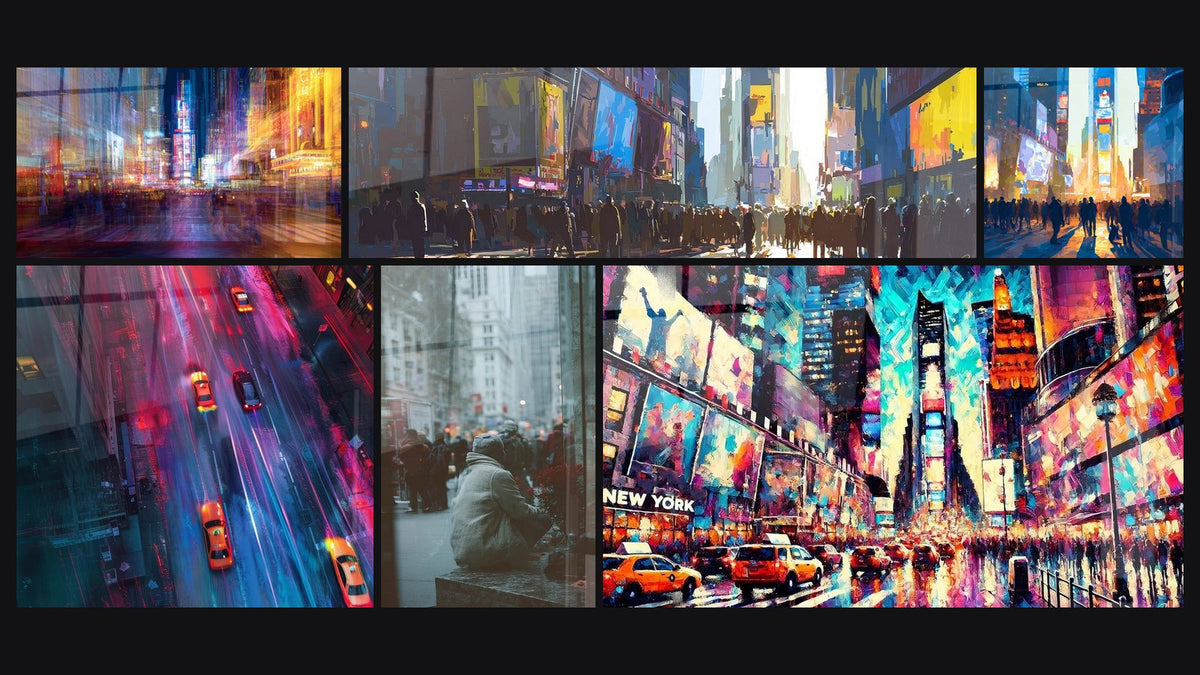 Mozaïek van zes schilderijen, waaronder Stedelijk Times Square, New Yorkse straat bovenaanzicht en Stadstafereel