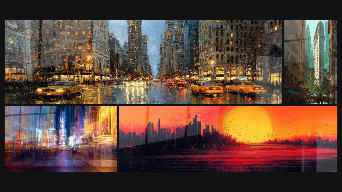 Mosaïque de quatre tableaux, dont Rue de Manhattan sous la pluie, Times Square abstrait et Ville flammes de l'horizon