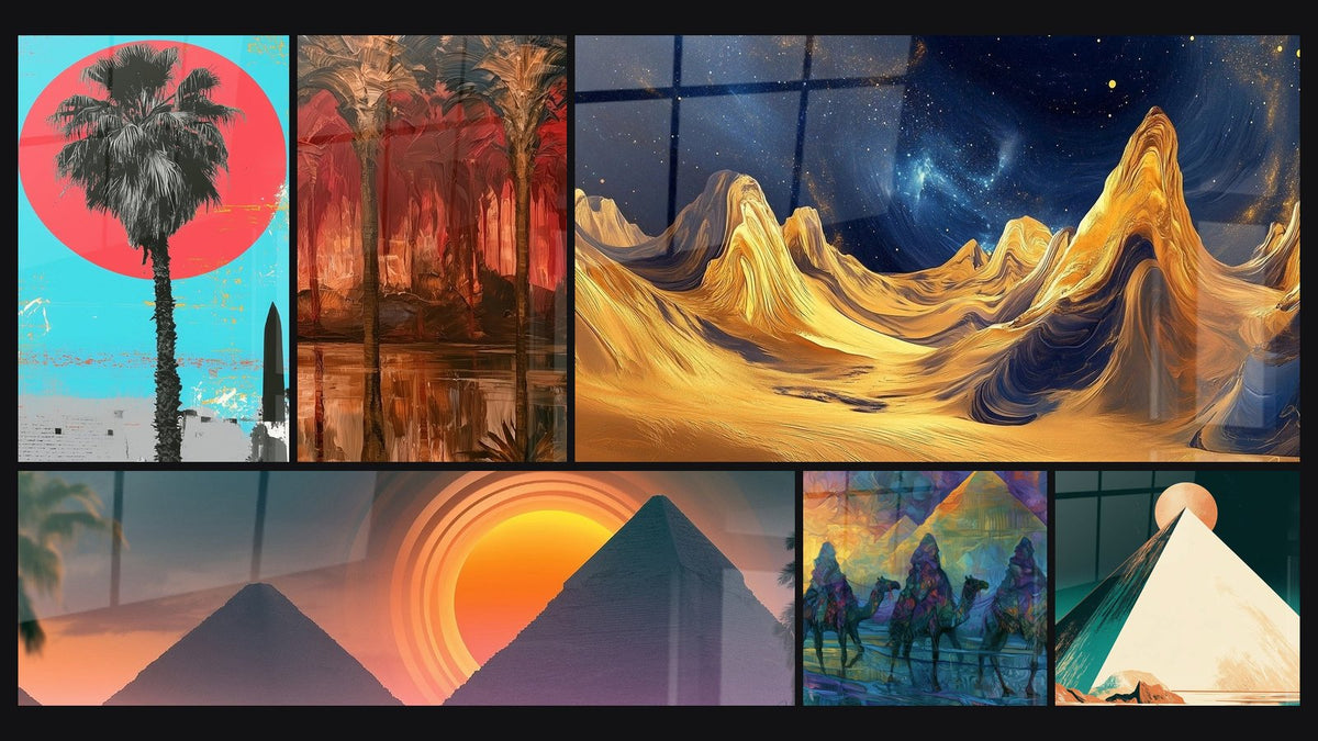 Mosaïque de six tableaux, dont Palmier noir soleil corail turquoise et Palmiers rouge et ocre sur eau reflétée