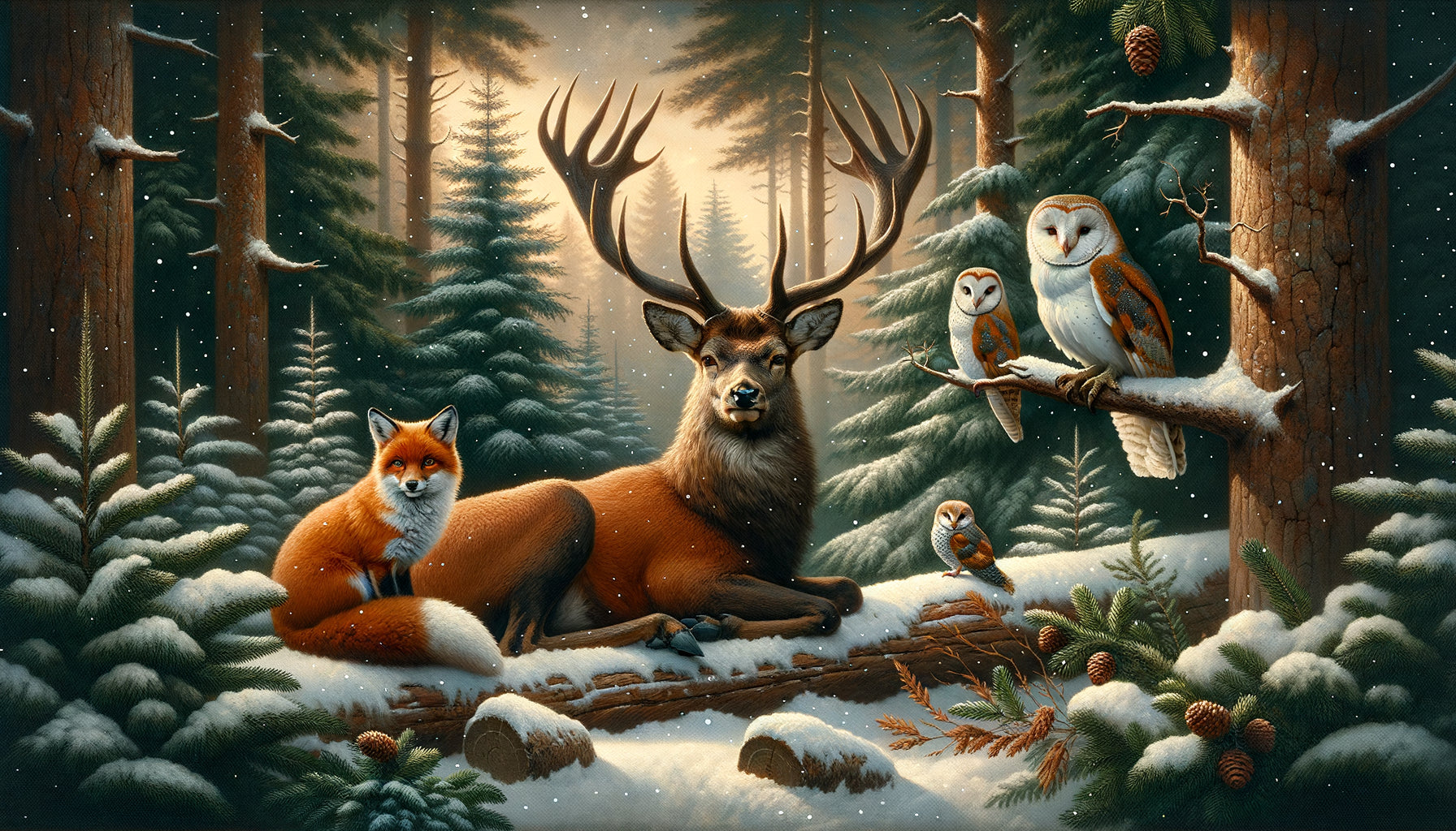 Tableau de Noël élégant représentant un cerf majestueux, un renard roux et un hibou dans une forêt enneigée aux tons chaleureux