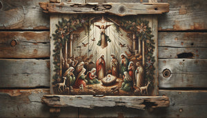 Tableau de Noël peint sur bois vieilli ancien avec patine authentique, texture rustique et imperfections naturelles