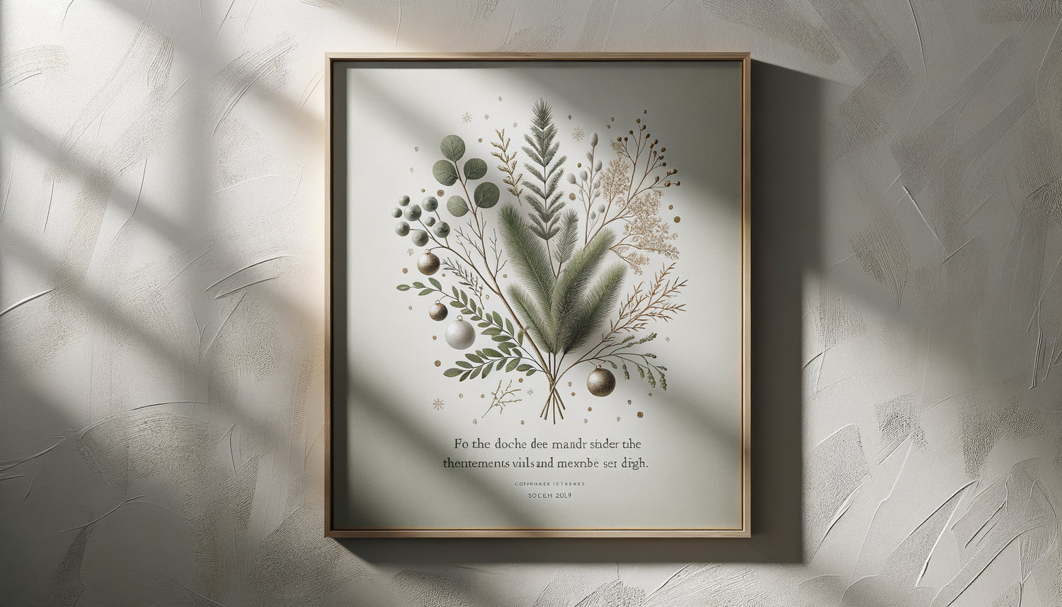 Tableau de Noël contemporain avec citation inspirante, typographie élégante et motifs botaniques hivernaux, décoration raffinée sans kitsch