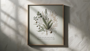 Tableau de Noël contemporain avec citation inspirante, typographie élégante et motifs botaniques hivernaux, décoration raffinée sans kitsch