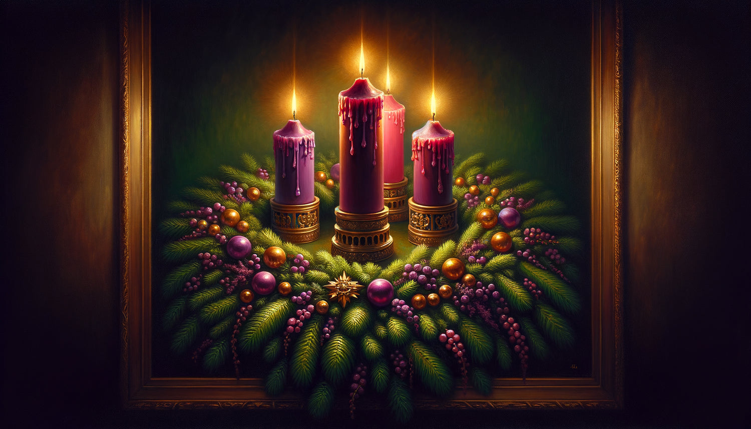 Peinture traditionnelle germanique XIXe siècle représentant couronne de l'Avent avec bougies liturgiques, style devotionnel européen classique