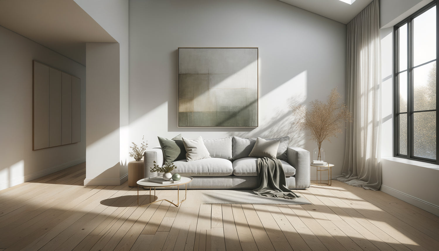 Intérieur minimaliste scandinave avec unique tableau de Noël aux tons doux comme point focal décoratif épuré