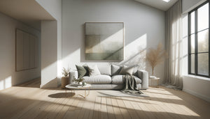 Intérieur minimaliste scandinave avec unique tableau de Noël aux tons doux comme point focal décoratif épuré