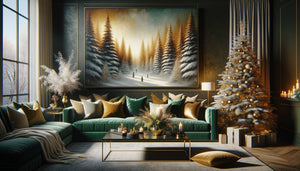 Salon contemporain élégant décoré pour Noël avec grand tableau hivernal aux tons or et vert émeraude