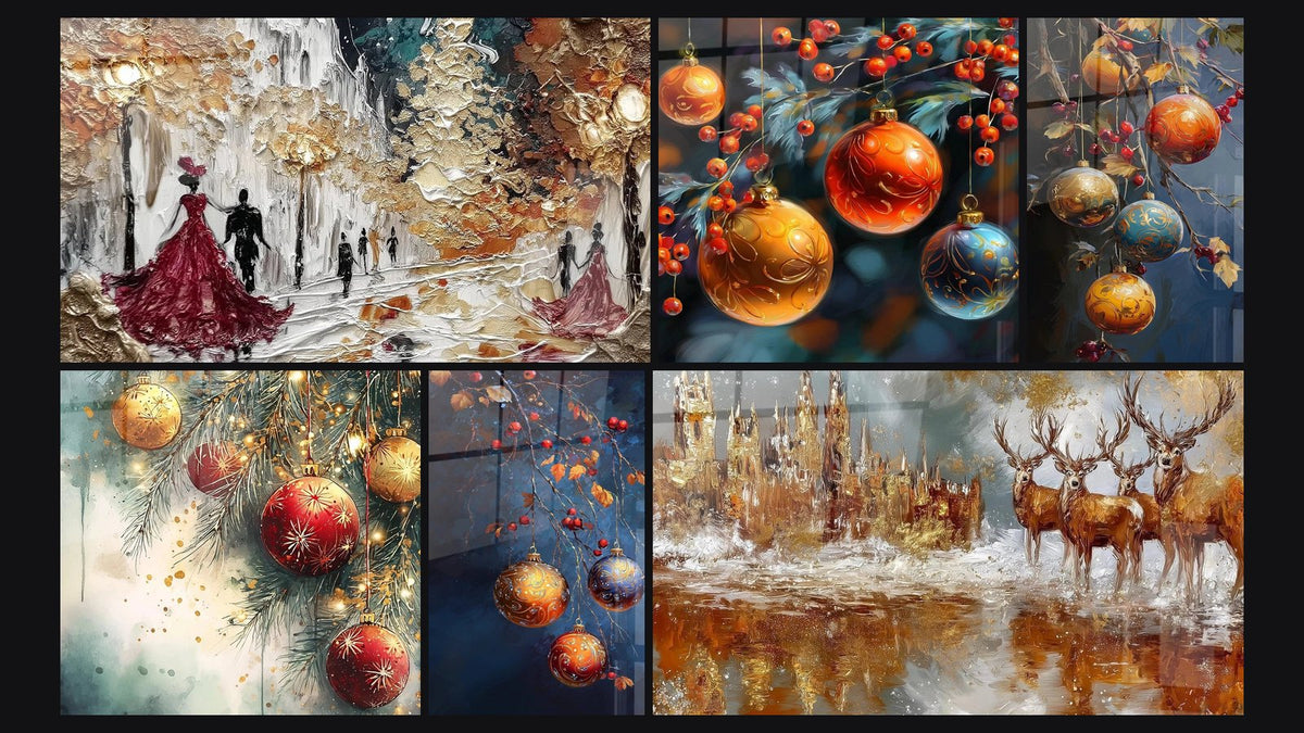 Mosaico de seis cuadros, entre ellos Pareja Bajo los Copos Dorados y Adornos navideños brillantes
