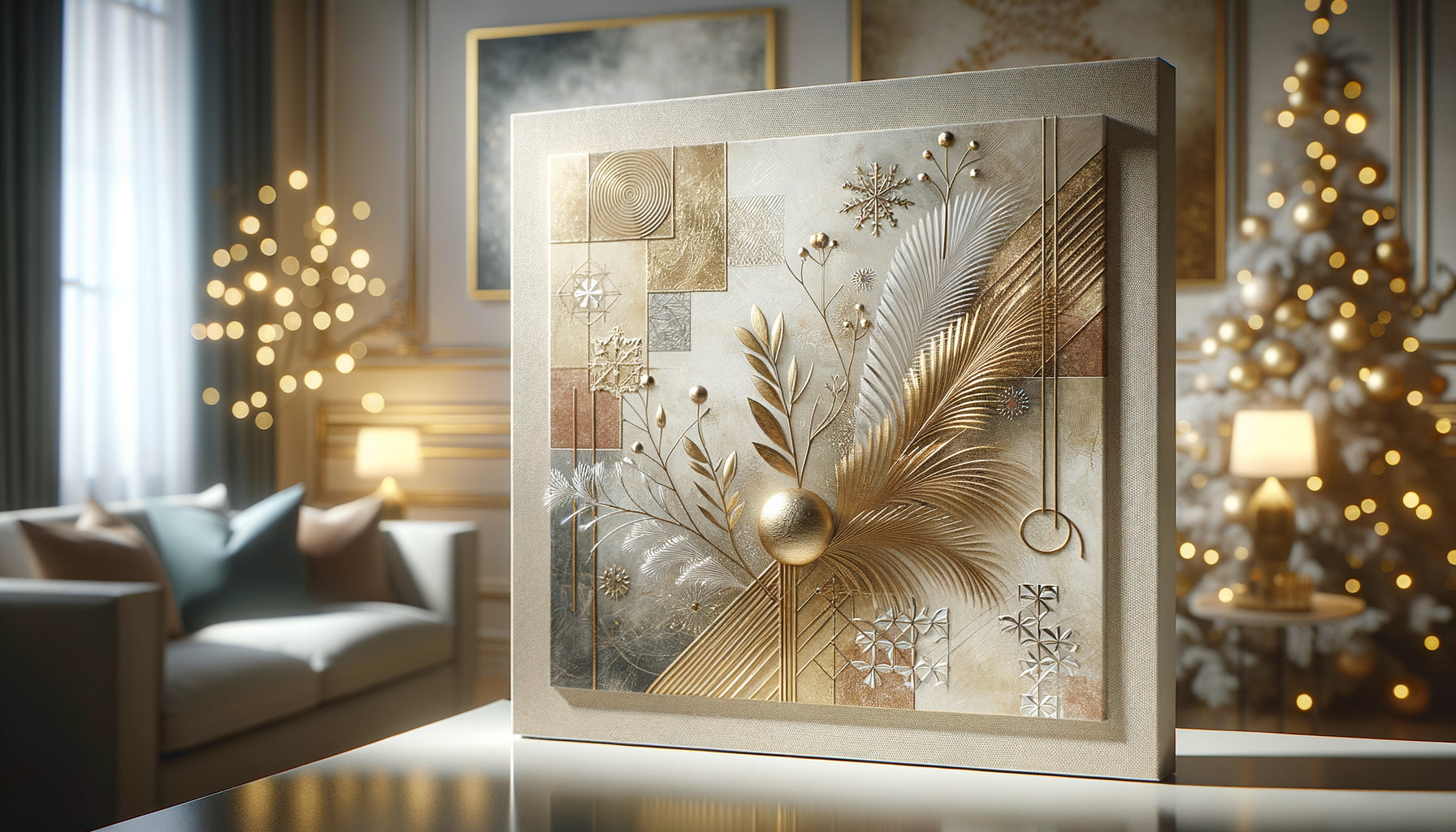 Tableau de Noël contemporain abstrait avec dorures élégantes et tons champagne, décoration festive raffinée et sophistiquée
