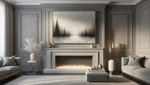 Tableau hivernal minimaliste et sophistiqué aux tons neutres dans un intérieur contemporain élégant, évoquant subtilement Noël