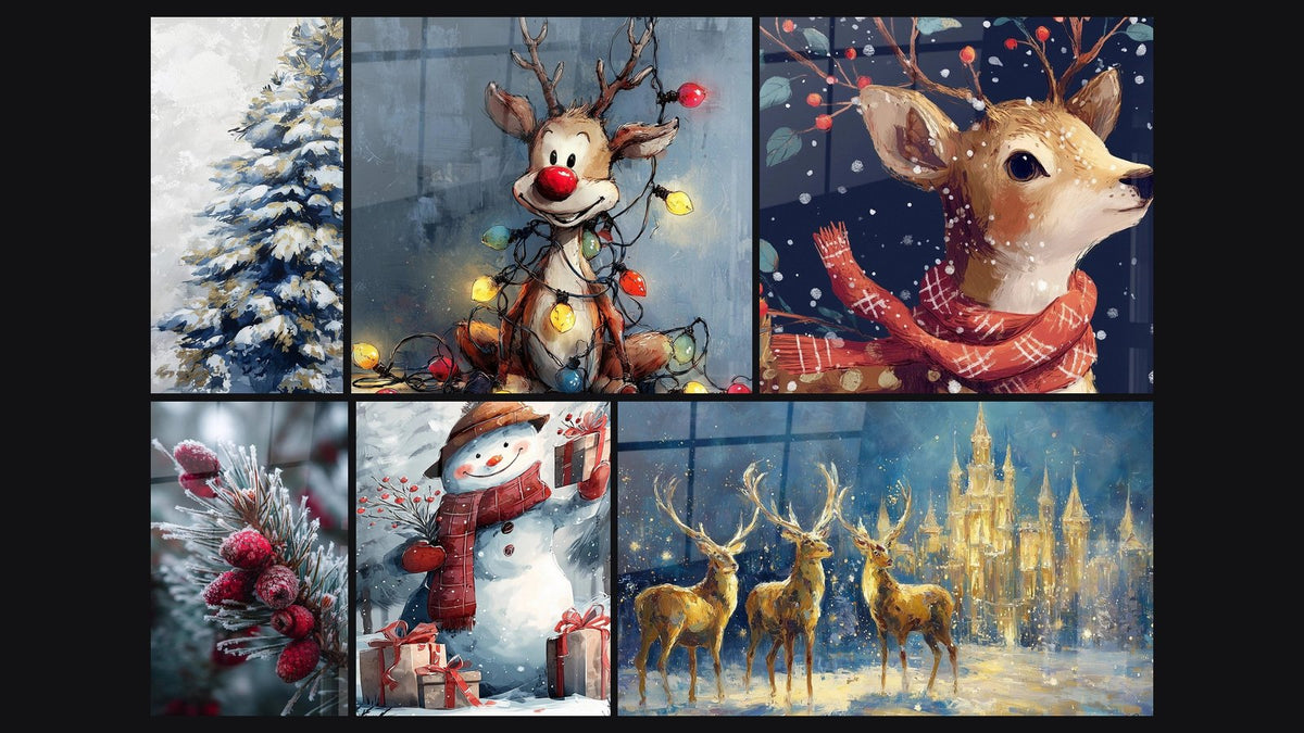 Mosaik aus sechs Gemälden, darunter Tannenbild Schneeflocken Gold und Schnee und Hirsch Rudolph mit magischen Hörnern