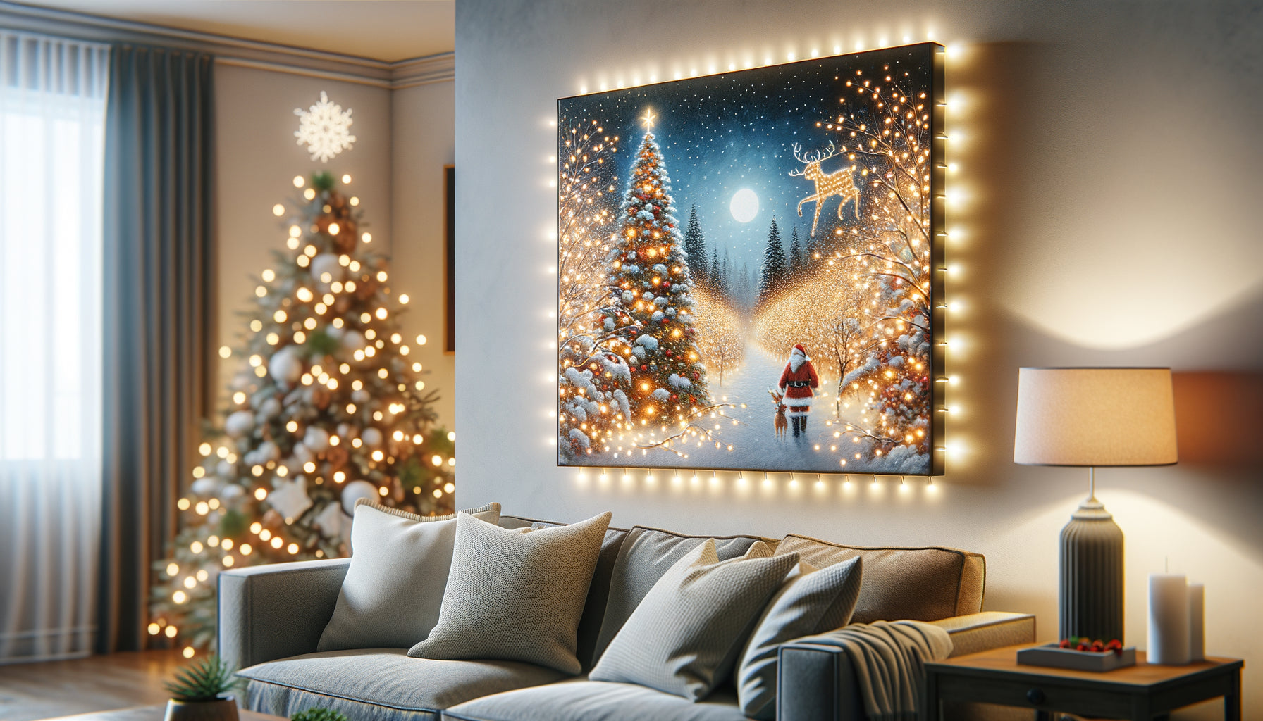 Tableau lumineux LED de Noël de qualité accroché dans un intérieur chaleureux avec décoration festive contemporaine
