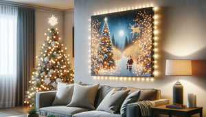 Tableau lumineux LED de Noël de qualité accroché dans un intérieur chaleureux avec décoration festive contemporaine