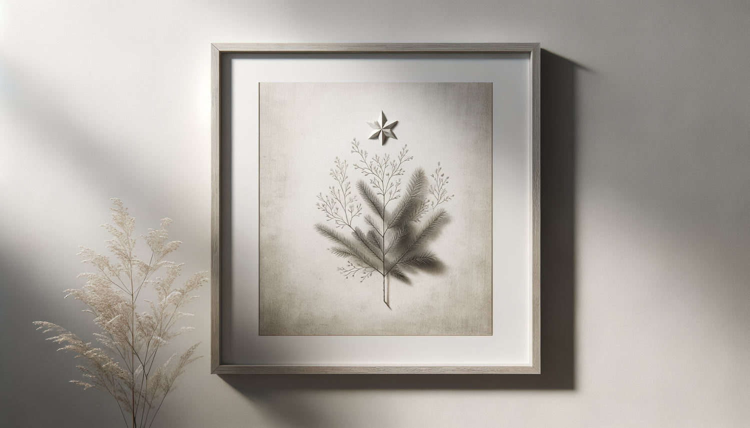 Tableau de Noël minimaliste scandinave avec branches de pin et étoile sur fond neutre, esthétique nordique épurée