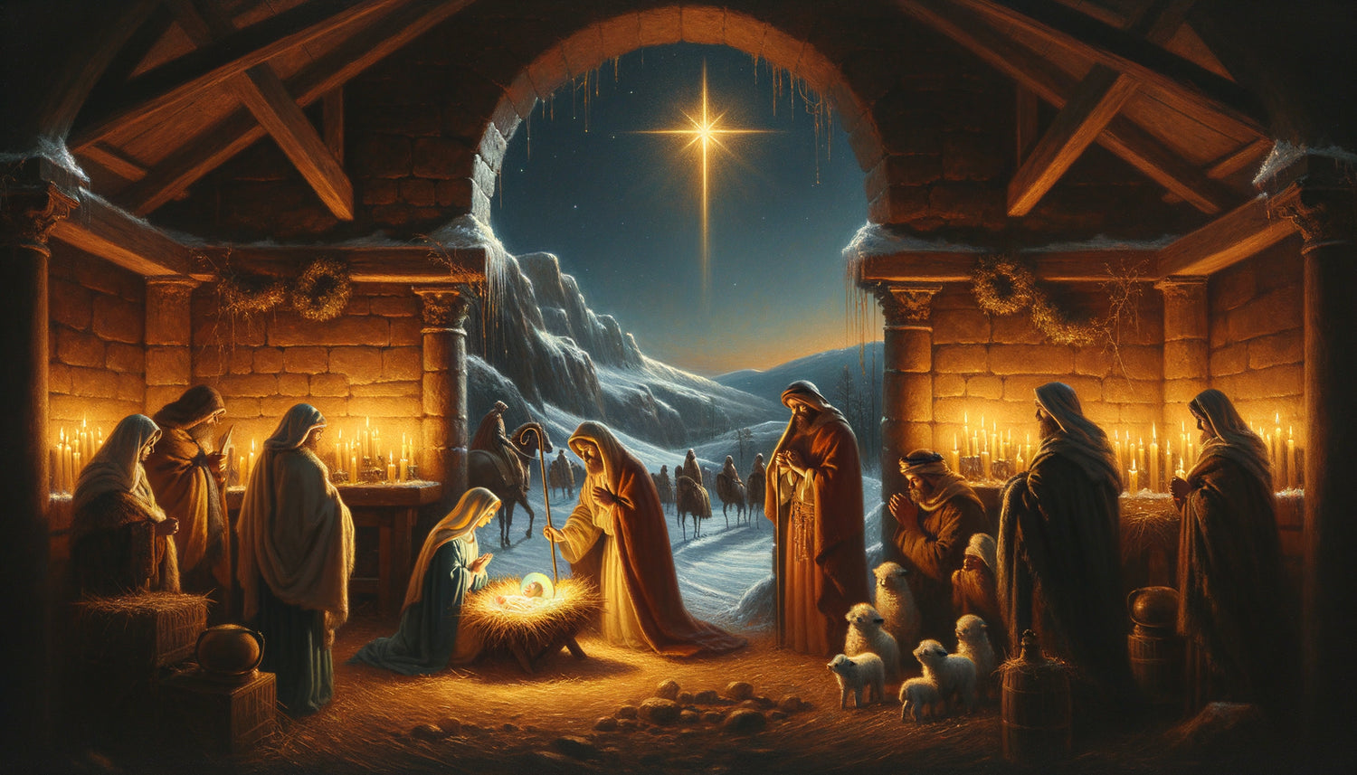 Tableau traditionnel de Nativité pour Noël avec scène religieuse, lumière dorée, paysage enneigé et étoile