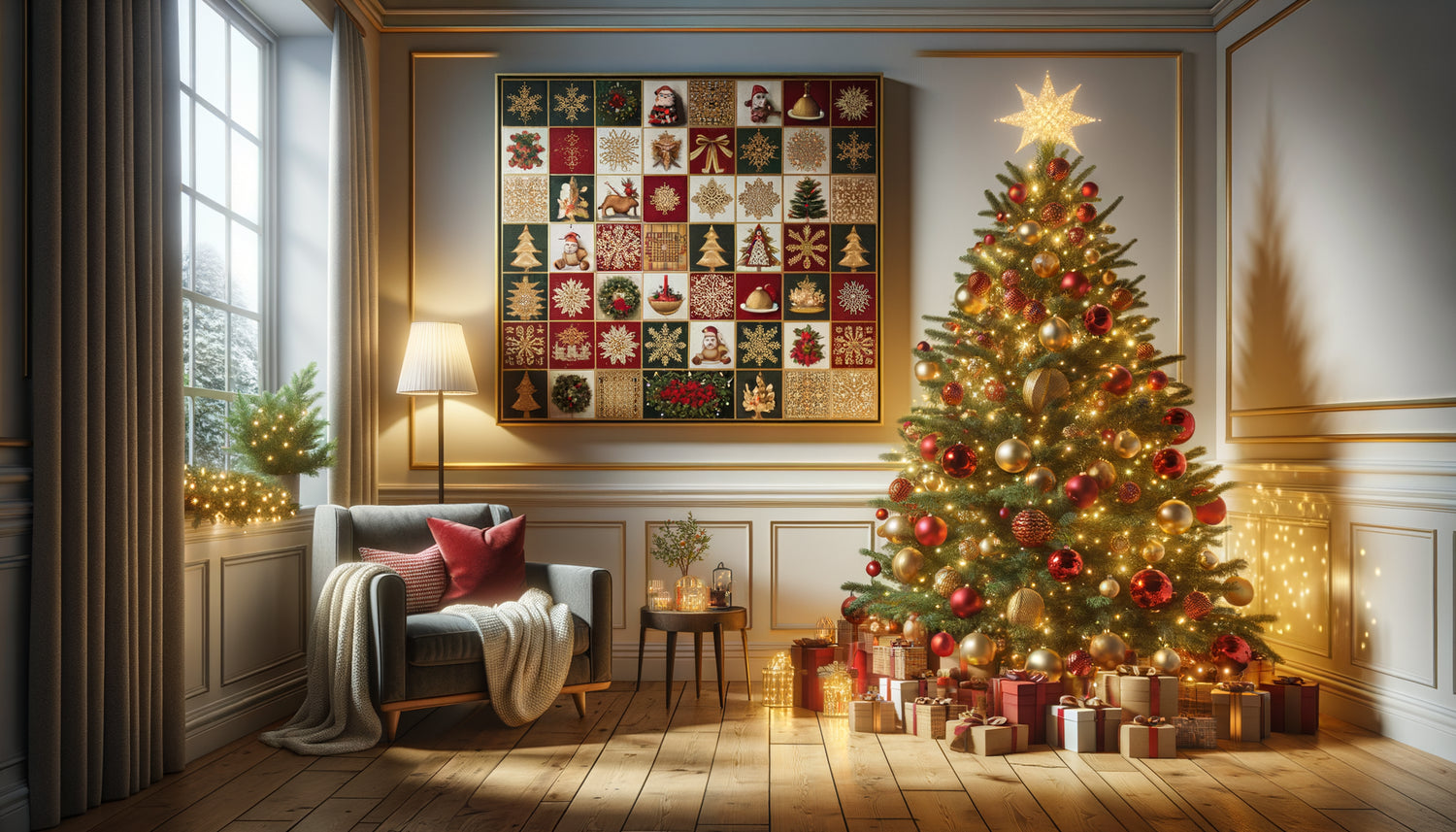 Salon de Noël avec tableau festif accroché au mur au-dessus d'un sapin décoré illuminé