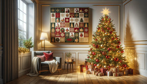 Salon de Noël avec tableau festif accroché au mur au-dessus d'un sapin décoré illuminé