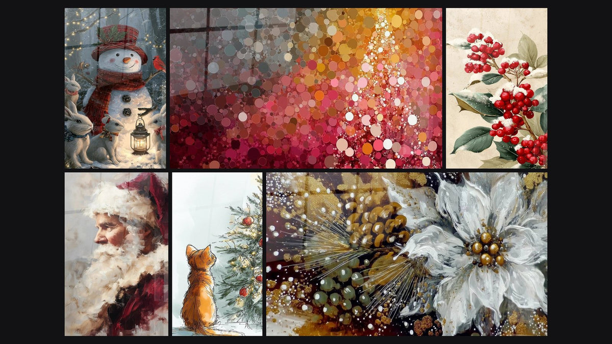 Mosaïque de six tableaux, dont Père Noël dans la chaleur du foyer et Sapin Rouge carmin festif