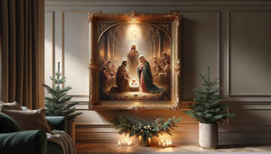 Tableau traditionnel de la Nativité avec cadre doré exposé sur mur contemporain d'intérieur moderne minimaliste