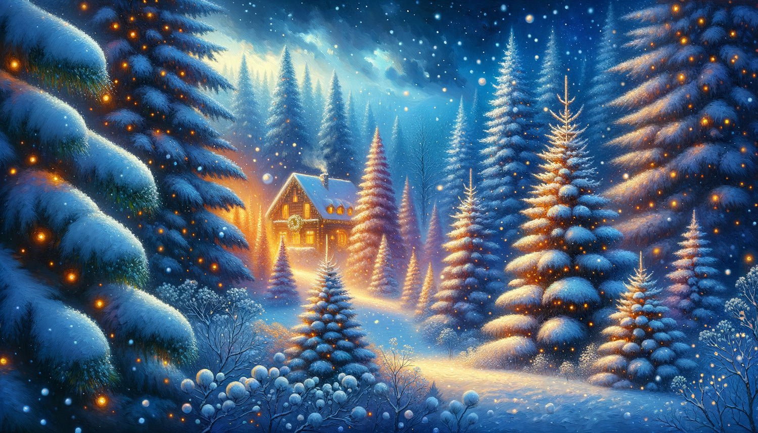 Tableau de Noël représentant des sapins enneigés dans une ambiance féerique et hivernale avec lumières dorées