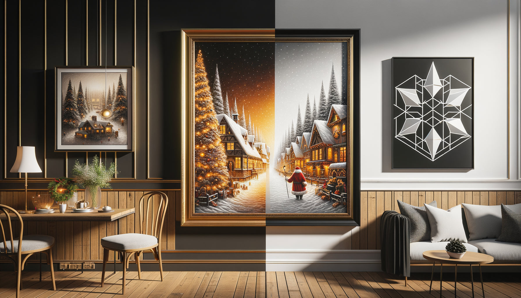 Comparaison visuelle entre tableau de Noël traditionnel chaleureux et tableau contemporain épuré dans deux intérieurs contrastés