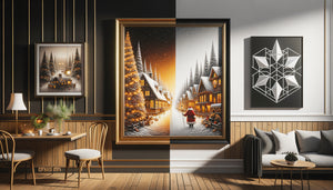 Comparaison visuelle entre tableau de Noël traditionnel chaleureux et tableau contemporain épuré dans deux intérieurs contrastés