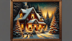 Tableau de Noël vintage années 1940, scène hivernale chaleureuse avec chaumière enneigée et lumières dorées, style folk art traditionnel