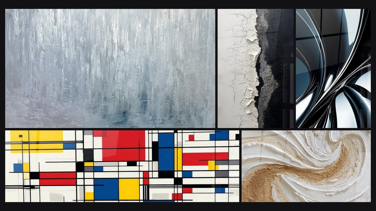 Mosaïque de cinq tableaux, dont Texture Craquelée Blanc et Noir, Composition géométrique et Spirale métallique chromée