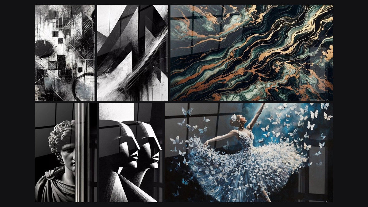 Mosaïque de six tableaux, dont Fragments d’Absolu, La Colonne de l'Inconnu et Lignes de Pensée