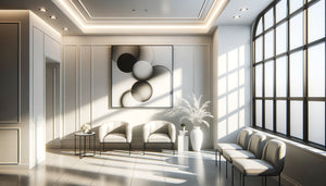 Tableau noir et blanc abstrait apaisant dans un cabinet médical moderne aux murs blancs épurés