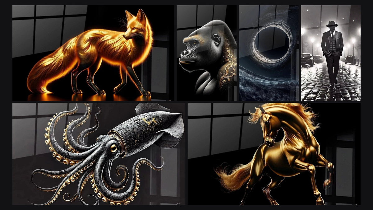 Mosaic of six paintings, including Golden Fox Mystical Aura, Golden Nobility Gorilla and Black hole wall art N°1