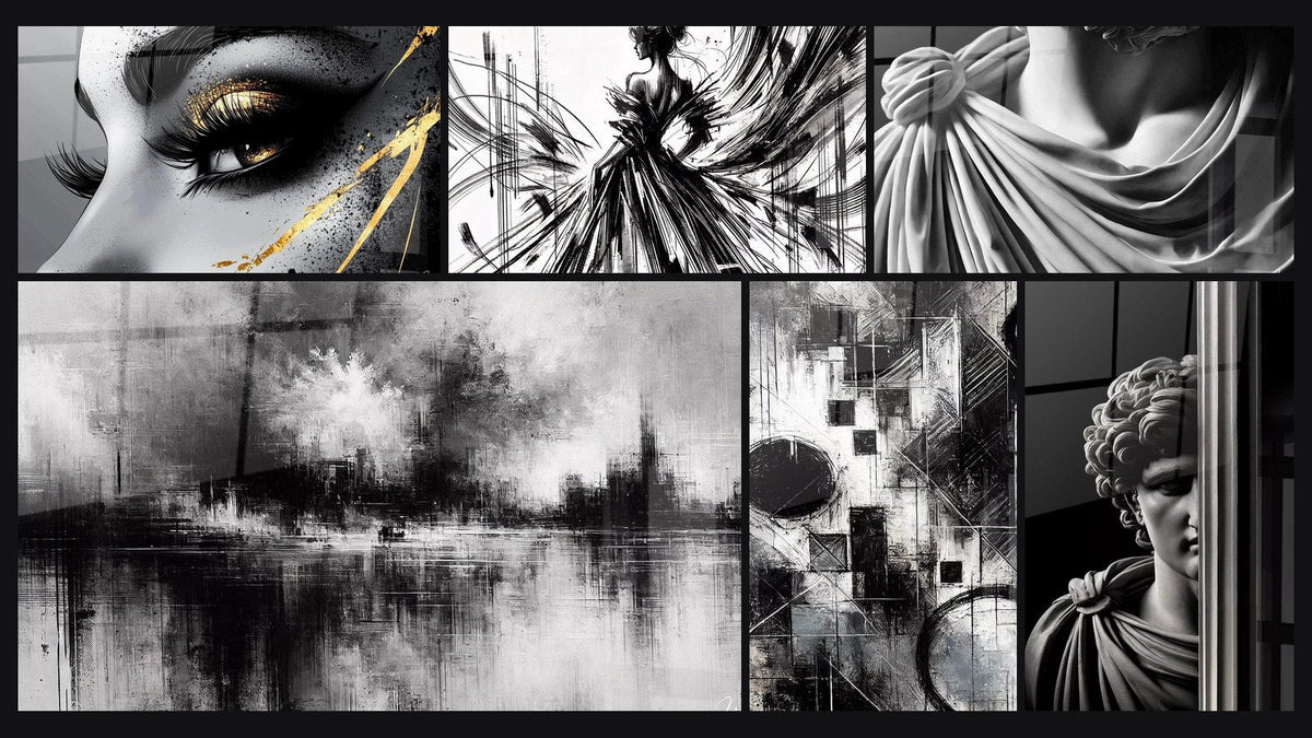 Mosaic of six paintings, including Golden Tear Eye, Urban Mists and Fragments of Absolute