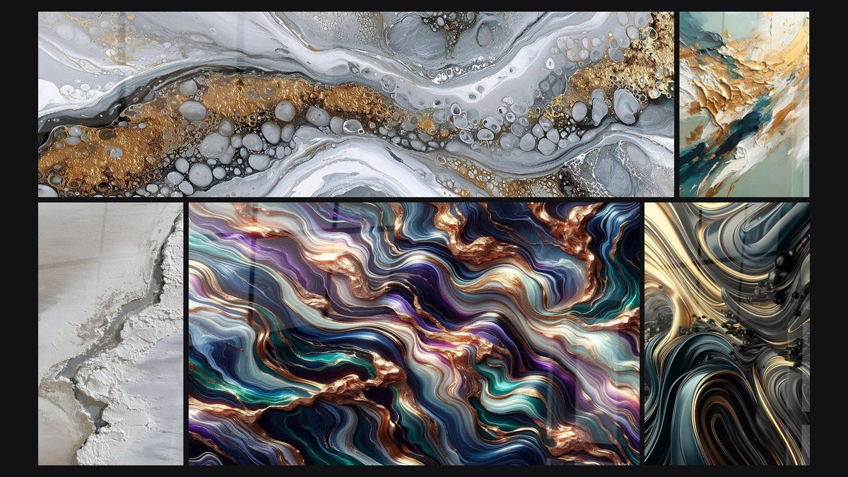 Mosaico de cinco cuadros, entre ellos Abstracto Fluido Gris y Oro, Serenata Mineral y Ondulaciones Opulentas