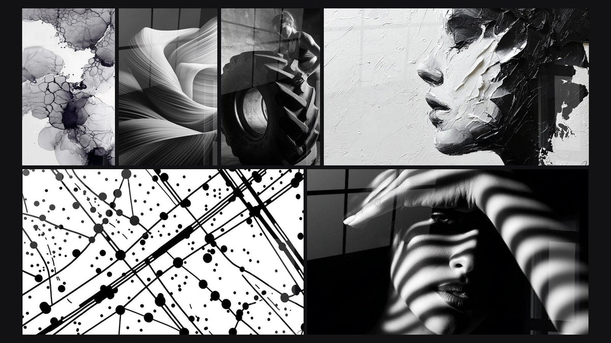 Mosaïque de six tableaux, dont Encre abstraite, Réseau Synaptique et Ruban Conscient -Édition Noir et Blanc