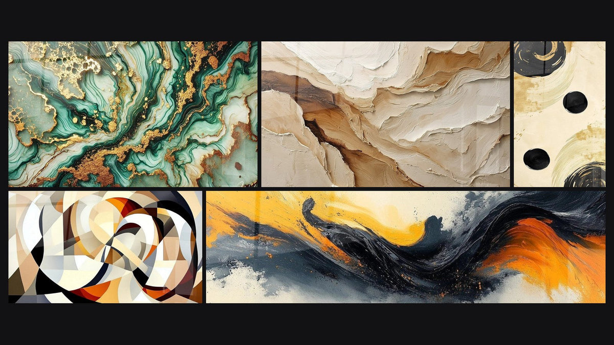 Mosaïque de cinq tableaux, dont Marbrures Mystiques, Formes circulaires entrelacées et Symphonie Contrastée Noir