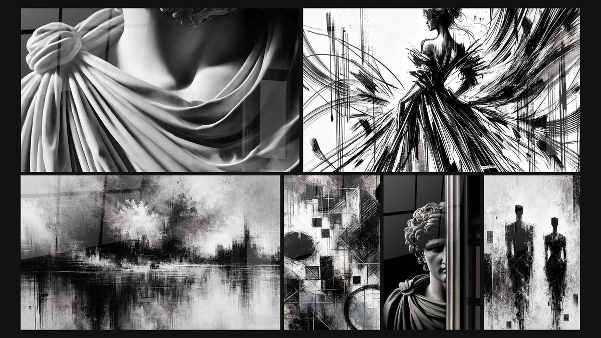 Mosaïque de six tableaux, dont Marbre et fluidité, Brumes Urbaines et Fragments d’Absolu