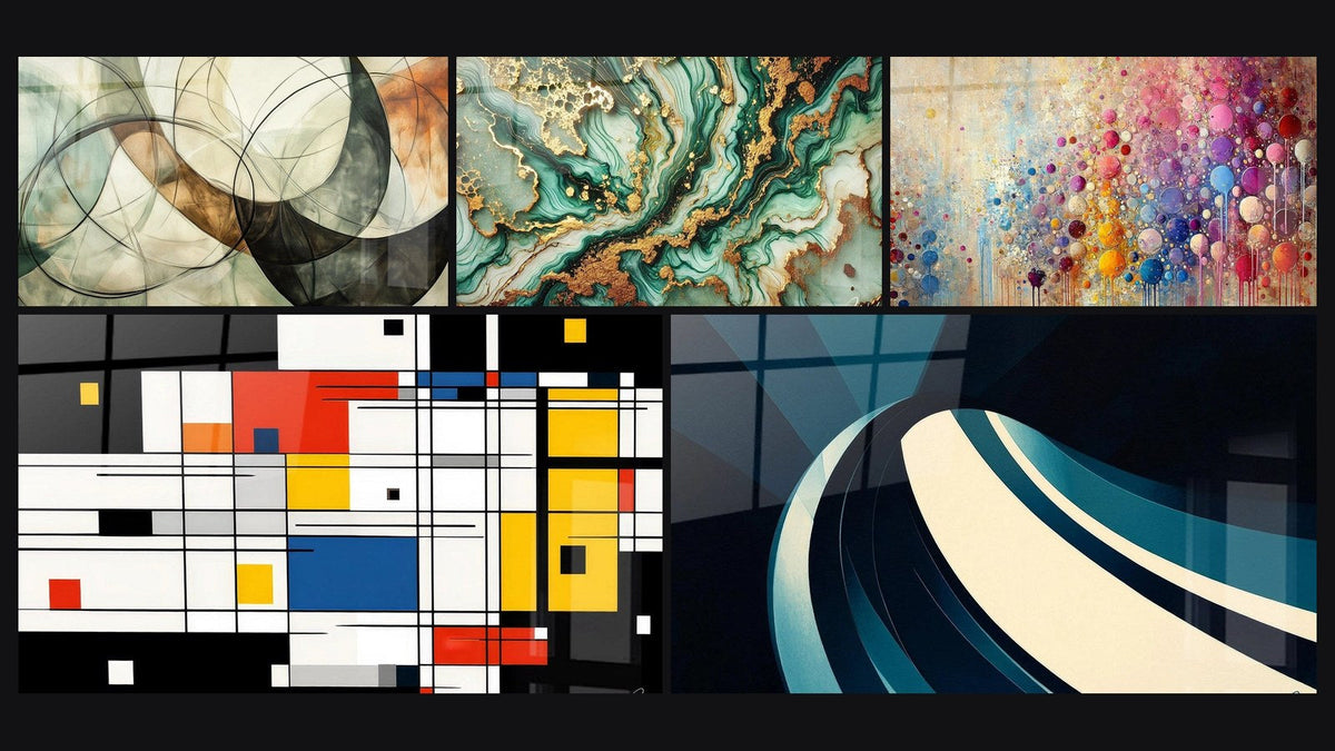 Mosaïque de cinq tableaux, dont Les Liens Invisibles, Marbrures Mystiques et Composition géométrique colorée