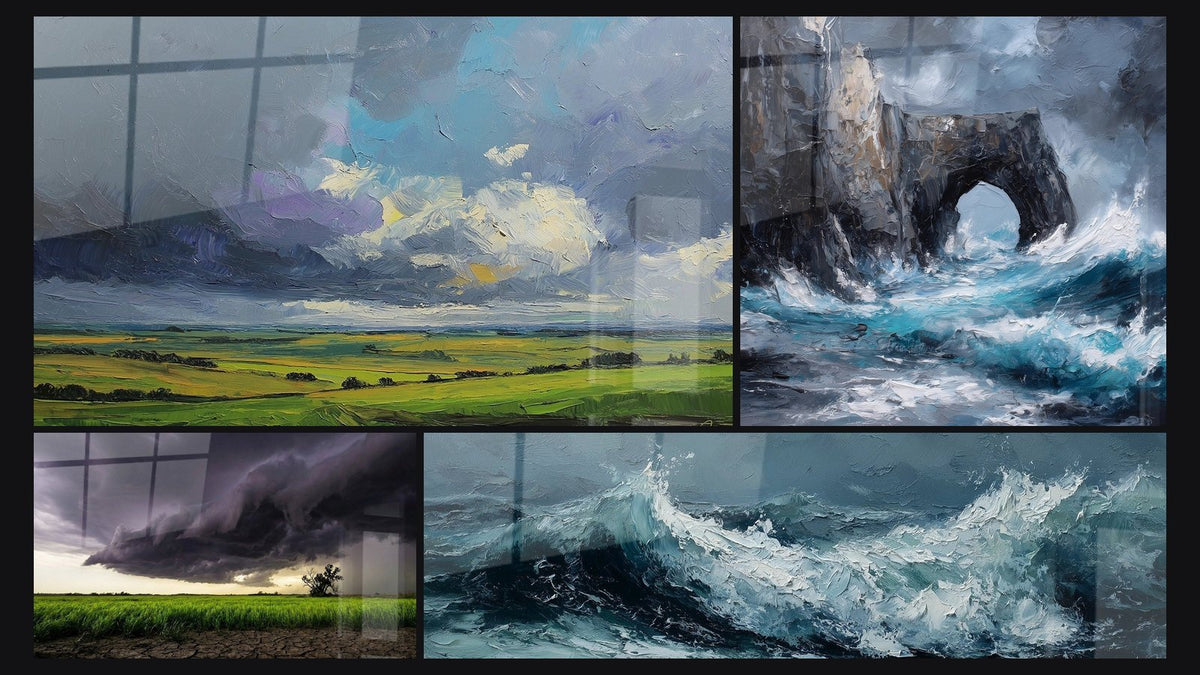 Mosaïque de quatre tableaux, dont Paysage Normand, Arche Marine et Orage Dramatique