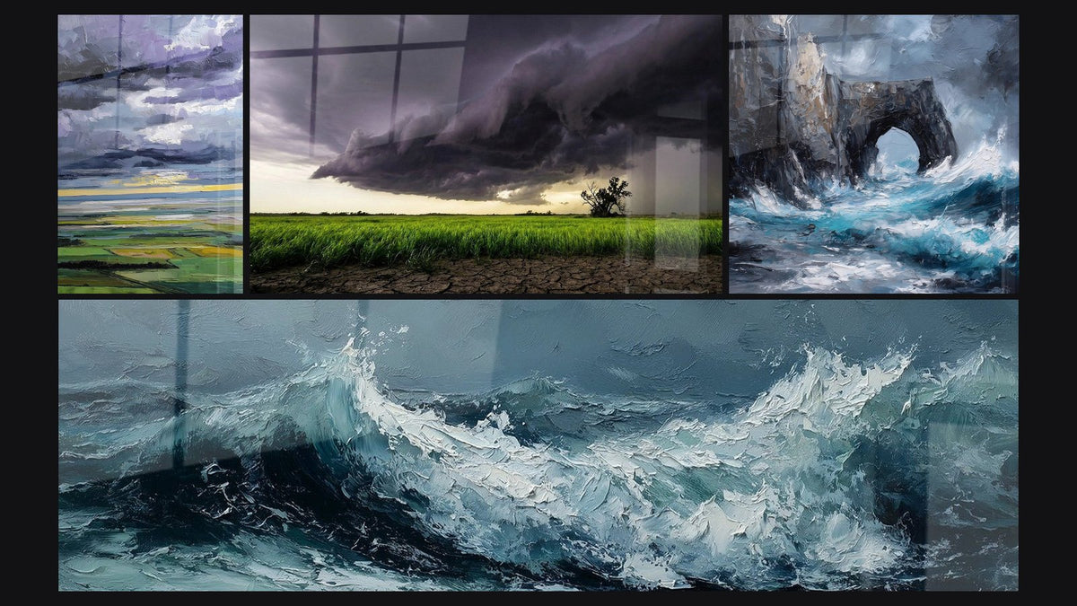 Mosaïque de quatre tableaux, dont Paysage Normand, Orage Dramatique et Arche Marine