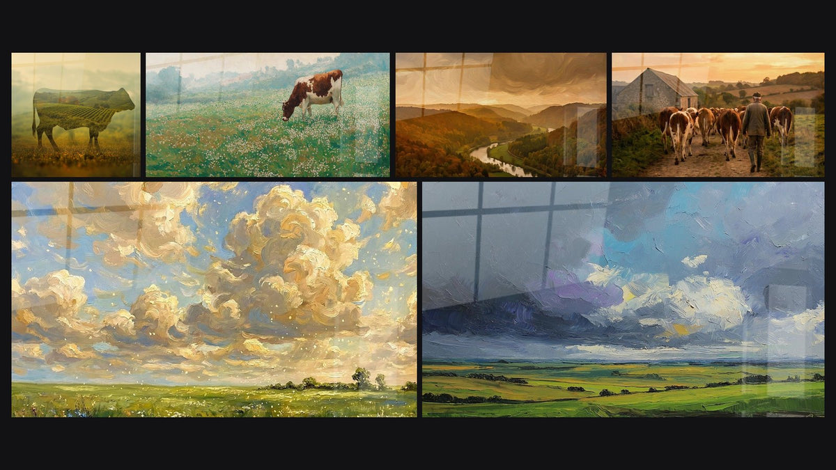 Mosaico de seis cuadros, entre ellos Vaca Doble Exposición, Paisaje Normandía y Vaca en Pradera Normanda