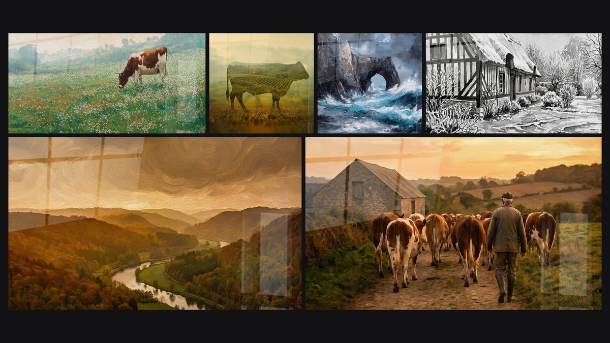 Mosaïque de six tableaux, dont Vache dans Prairie Normande, Vache Double Exposition et Paysage Vallée Normande