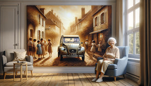 Tableau nostalgique années 1950 dans résidence seniors, scène de village français évoquant souvenirs positifs