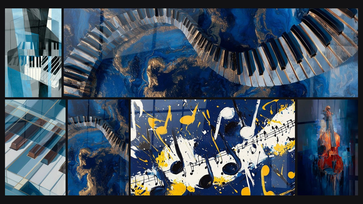 Mosaïque de six tableaux, dont Musique bleu marine et or marbrure liquide et Partition Libérée Bleue